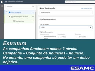 Estrutura
As campanhas funcionam nestes 3 níveis:
Campanha – Conjunto de Anúncios - Anúncio.
No entanto, uma campanha só pode ter um único
objetivo.
 