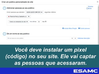 Você deve instalar um pixel
(código) no seu site. Ele vai captar
as pessoas que acessaram.
 