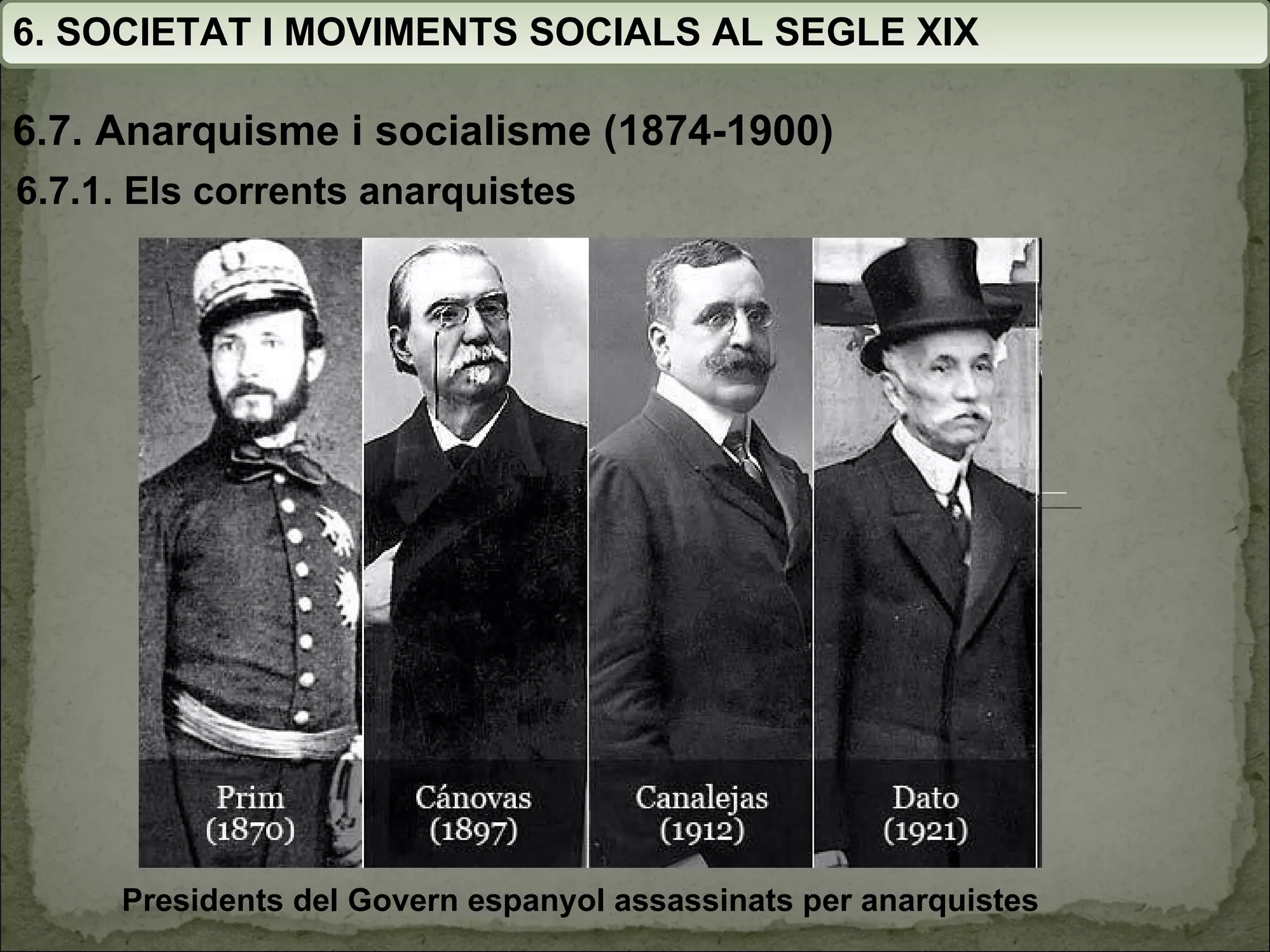 6. SOCIETAT I MOVIMENTS SOCIALS AL SEGLE XIX 6.7. Anarquisme i socialisme (1874-1900) 6.7.1. Els corrents anarquistes Presidents del Govern espanyol assassinats per anarquistes 