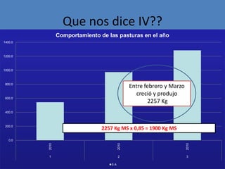 Que nos dice IV??
                Comportamiento de las pasturas en el año
1400.0



1200.0



1000.0



 800.0
                                                Entre febrero y Marzo
                                                  creció y produjo
 600.0
                                                        2257 Kg
 400.0



 200.0
                                2257 Kg MS x 0,85 = 1900 Kg MS

   0.0
         2010




                                         2010




                                                                        2010
         1                               2                              3

                                    5A
 