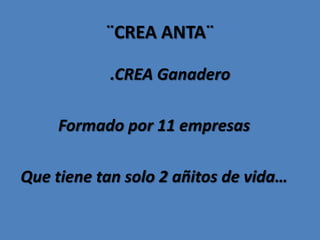 ¨CREA ANTA¨

            .CREA Ganadero

     Formado por 11 empresas

Que tiene tan solo 2 añitos de vida…
 