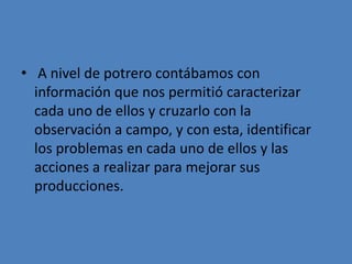 • A nivel de potrero contábamos con
  información que nos permitió caracterizar
  cada uno de ellos y cruzarlo con la
  observación a campo, y con esta, identificar
  los problemas en cada uno de ellos y las
  acciones a realizar para mejorar sus
  producciones.
 