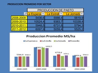 PRODUCCION PROMEDIO POR SECTOR

                     PRODUCCION DE PASTO
              La Esperanza La Estrella La Jornada
  2008-2009        5436,6      5566,4        5619,9
  2009-2010       10524,4      9383,7       10339,4
  2010-2011        5948,5      6731,6        5794,3
  2011-2012        6097,9      5059,4        5525,2
 