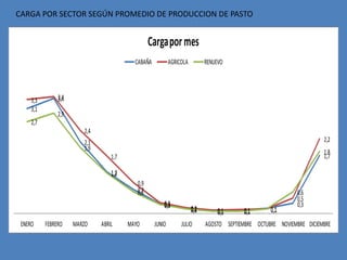 CARGA POR SECTOR SEGÚN PROMEDIO DE PRODUCCION DE PASTO


                                                  Carga por mes
                                           CABAÑA           AGRICOLA         RENUEVO




     3,3        3,4
                3,4
     3,1
                2,9
     2,7
                         2,4
                         2,1                                                                                           2,2
                         1,9
                                                                                                                       1,8
                                   1,7                                                                                 1,7

                                   1,2
                                            0,9
                                            0,7
                                            0,6                                                               0,6
                                                                                                              0,5
                                                        0,3
                                                        0,3                                                   0,3
                                                                       0,2
                                                                       0,1        0,1     0,1       0,1
 ENERO     FEBRERO    MARZO    ABRIL     MAYO       JUNIO        JULIO       AGOSTO SEPTIEMBRE OCTUBRE NOVIEMBRE DICIEMBRE
 