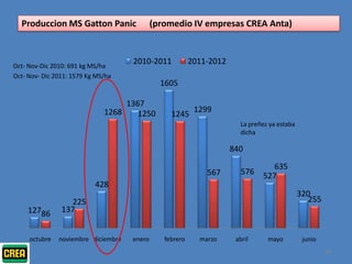 Produccion MS Gatton Panic                 (promedio IV empresas CREA Anta)



Oct- Nov-Dic 2010: 691 kg MS/ha
                                     2010-2011            2011-2012
Oct- Nov- Dic 2011: 1579 Kg MS/ha
                                               1605

                                   1367
                              1268    1250                 1299
                                                  1245
                                                                        La preñez ya estaba
                                                                        dicha

                                                                      840
                                                                                  635
                                                              567        576   527
                           428
                                                                                              320
                   225                                                                           255
    12786       137


     octubre   noviembre diciembre   enero      febrero     marzo      abril     mayo          junio
                                                                                                       68
 