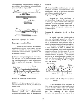 6-33
do comprimento das duas metades, e ambas as
extremidades são soldadas ao tubo danificado,
como mostrado na Figura 6-39.
Figura 6-39 Reparo por luva soldada.
Reparo por remendo soldado
Mossas ou furos em tubos podem ser re-
parados com segurança através de um remendo
do mesmo material, mas uma medida de espes-
sura acima; como ilustrado na Figura 6-40, tem
as seguintes exceções:
(1) Não use este tipo de reparo em mossas fun-
das mais que 1/10 do diâmetro do tubo, mossas
que envolvam mais de 1/4 da circunferência do
tubo, ou aquelas mais longas que o diâmetro do
tubo.
Figura 6-40 reparo com reforço soldado
(2) Só use este tipo de reparo se não houver ra-
chaduras associadas às mossas, ou abrasões e
cantos vivos.
(3) Só use este tipo de reparo quando o tubo
amassado puder ser substancialmente
reformado sem rachar, antes da aplicação do
remendo.
(4) No caso de tubos perfurados, use este tipo
de reparo se os furos não forem maiores que o
diâmetro do tubo, e se não envolverem mais
que 1/4 da circunferência do tubo.
Reparo por luva parafusada
Reparos por luva parafusada na
estrutura tubular de aço não são recomendados,
a menos que especificamente autorizados pelo
fabricante ou pela Autoridade Aeronáutica. O
material removido na furação deste tipo de
reparo poderá enfraquecer criticamente a
estrutura tubular.
Emenda de tubulações através de luva
interna
Se o dano a um tubo estrutural for tal
que uma substituição parcial do tubo seja
necessária, a luva interna mostrada na Figura 6-
41 é recomendada, especialmente onde se
deseja que a superfície do tubo permaneça lisa.
Faz-se um corte diagonal para remover
a parte danificada do tubo; as rebarbas das
arestas dos tubos são removidas com uma lima
ou algo semelhante. Um tubo de aço do mesmo
material e mesmo diâmetro, e pelo menos a
mesma espessura de parede, é cortado para
encaixar-se no tamanho da parte removida. Em
cada uma das extremidades do tubo substituto
deve-se deixar uma folga de 1/8 da polegada
até o tubo original.
Figura 6-41 Emenda de tubo através de luva
interna.
Deve-se selecionar agora, um pedaço de
tubo de aço com a mesma espessura de parede
e com diâmetro externo igual ao diâmetro
interno do tubo danificado. Esse tubo interno
deve ficar encaixado no tubo original.
Cortamos duas seções desse tubo interno, de tal
 