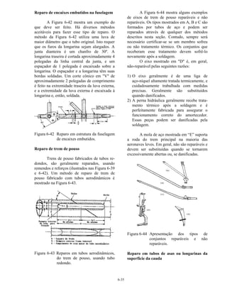 6-35
Reparo de encaixes embutidos na fuselagem
A Figura 6-42 mostra um exemplo do
que deve ser feito. Há diversos métodos
aceitáveis para fazer esse tipo de reparo. O
método da Figura 6-42 utiliza uma luva de
maior diâmetro que o tubo original. Isto requer
que os furos da longarina sejam alargados. A
junta dianteira é um chanfro de 30º. A
longarina traseira é cortada aproximadamente 4
polegadas da linha central da junta, e um
espaçador de 1 polegada é encaixado sobre a
longarina. O espaçador e a longarina têm suas
bordas soldadas. Um corte cônico em "V" de
aproximadamente 2 polegadas de comprimento
é feito na extremidade traseira da luva externa,
e a extremidade da luva externa é encaixada à
longarina e, então, soldada.
Figura 6-42 Reparo em estrutura da fuselagem
de encaixes embutidos.
Reparo de trem de pouso
Trens de pouso fabricados de tubos re-
dondos, são geralmente reparados, usando
remendos e reforços (ilustrados nas Figura 6-39
e 6-42). Um método de reparo de trem de
pouso fabricado com tubos aerodinâmicos é
mostrado na Figura 6-43.
Figura 6-43 Reparos em tubos aerodinâmicos,
do trem de pouso, usando tubo
redondo.
A Figura 6-44 mostra alguns exemplos
de eixos de trem de pouso reparáveis e não
reparáveis. Os tipos mostrados em A, B e C são
formados por tubos de aço e podem ser
reparados através de qualquer dos métodos
descritos nesta seção. Contudo, sempre será
necessário certificar-se se um membro sofreu
ou não tratamento térmico. Os conjuntos que
receberam esse tratamento devem sofrê-lo
novamente após a soldagem.
O eixo mostrado em "D" é, em geral,
não-reparável pelas seguintes razões:
1) O eixo geralmente é de uma liga de
aço-níquel altamente tratada termicamente, e
cuidadosamente trabalhada com medidas
precisas. Geralmente são substituídos
quando danificados.
2) A perna hidráulica geralmente recebe trata-
mento térmico após a soldagem e é
perfeitamente fabricada para assegurar o
funcionamento correto do amortecedor.
Essas peças podem ser danificadas pela
soldagem.
A mola de aço mostrada em “E” suporta
a roda do trem principal na maioria das
aeronaves leves. Em geral, não são reparáveis e
devem ser substituídas quando se tornarem
excessivamente abertas ou, se danificadas.
Figura 6-44 Apresentação dos tipos de
conjuntos reparáveis e não
reparáveis.
Reparo em tubos de asas ou longarinas da
superfície da cauda
 