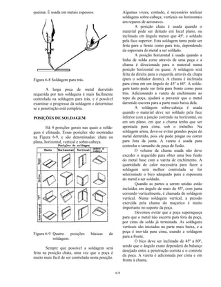 6-9
queima. É usada em metais espessos.
Figura 6-8 Soldagem para trás.
A larga poça de metal derretido
requerida por tais soldagens é mais facilmente
controlada na soldagem para trás, e é possível
examinar o progresso da soldagem e determinar
se a penetração está completa.
POSIÇÕES DE SOLDAGEM
Há 4 posições gerais nas quais a solda-
gem é efetuada. Essas posições são mostradas
na Figura 6-9, e são denominadas: chata ou
plana, horizontal, vertical e sobre-cabeça.
Figura 6-9 Quatro posições básicas de
soldagem.
Sempre que possível a soldagem será
feita na posição chata, uma vez que a poça é
muito mais fácil de ser controlada nesta posição.
Algumas vezes, contudo, é necessário realizar
soldagens sobre-cabeça; verticais ou horizontais
em reparos de aeronaves.
A posição chata é usada quando o
material pode ser deitado em local plano, ou
inclinado em ângulo menor que 45º, e soldado
pela face superior. Esta soldagem tanto pode ser
feita para a frente como para trás, dependendo
da espessura do metal a ser soldado.
A posição horizontal é usada quando a
linha de solda corre através de uma peça e a
chama é direcionada para o material numa
posição horizontal ou quase. A soldagem será
feita da direita para a esquerda através da chapa
(para o soldador destro). A chama é inclinada
para cima em um ângulo de 45º a 60º. A solda-
gem tanto pode ser feita para frente como para
trás. Adicionando a vareta de enchimento ao
topo da poça, ajudará a prevenir que o metal
derretido escorra para a parte mais baixa dela.
A soldagem sobre-cabeça é usada
quando o material deve ser soldado pela face
inferior com a junção correndo na horizontal, ou
em um plano, em que a chama tenha que ser
apontada para cima, sob o trabalho. Na
soldagem aérea, deve-se evitar grandes poças de
metal derretido, pois ele pode pingar ou correr
para fora da junta. A vareta é usada para
controlar o tamanho de poça de fusão.
O volume da chama usada não deve
exceder o requerido para obter uma boa fusão
do metal base com a vareta de enchimento. A
quantidade de calor necessária para fazer a
soldagem será melhor controlada se for
selecionado o bico adequado para a espessura
do metal a ser soldado.
Quando as partes a serem unidas estão
incluídas em ângulo de mais de 45º, com junta
correndo verticalmente, é chamada de soldagem
vertical. Numa soldagem vertical, a pressão
exercida pela chama do maçarico é muito
importante no suporte da poça.
Devemos evitar que a poça superaqueça
para que o metal não escorra para fora da poça,
por cima da solda já terminada. As soldagens
verticais são iniciadas na parte mais baixa, e a
poça é movida para cima, usando a soldagem
para a frente.
O bico deve ser inclinado de 45º a 60º,
sendo que o ângulo exato dependerá do balanço
desejado entre a penetração correta e o controle
da poça. A vareta é adicionada por cima e em
frente à chama.
 