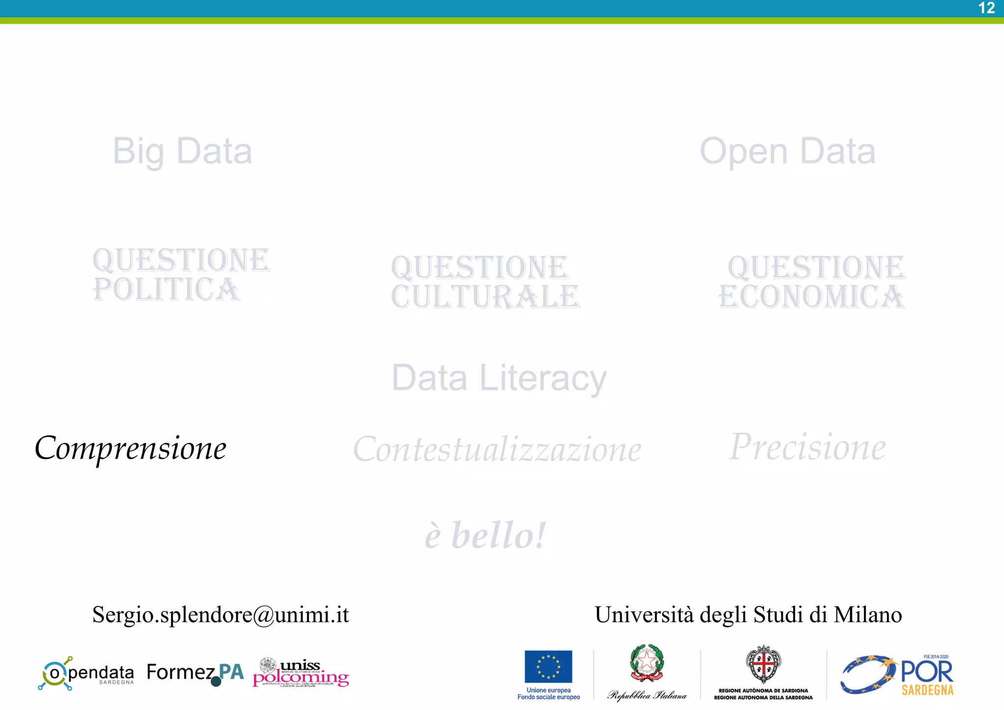 12
Big Data
Data Literacy
Questione
culturale
Open Data
Questione
politica
Questione
economica
Comprensione PrecisioneContestualizzazione
Università degli Studi di Milano
è bello!
Sergio.splendore@unimi.it
 