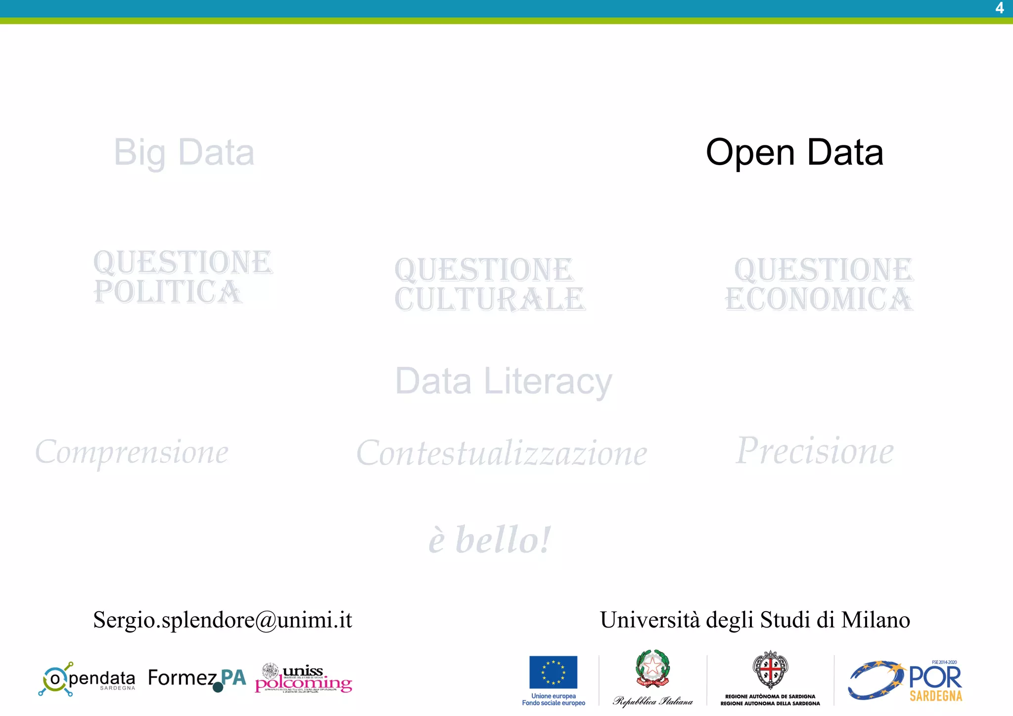 4
Big Data
Data Literacy
Questione
culturale
Open Data
Questione
politica
Questione
economica
Comprensione PrecisioneContestualizzazione
Università degli Studi di Milano
è bello!
Sergio.splendore@unimi.it
 
