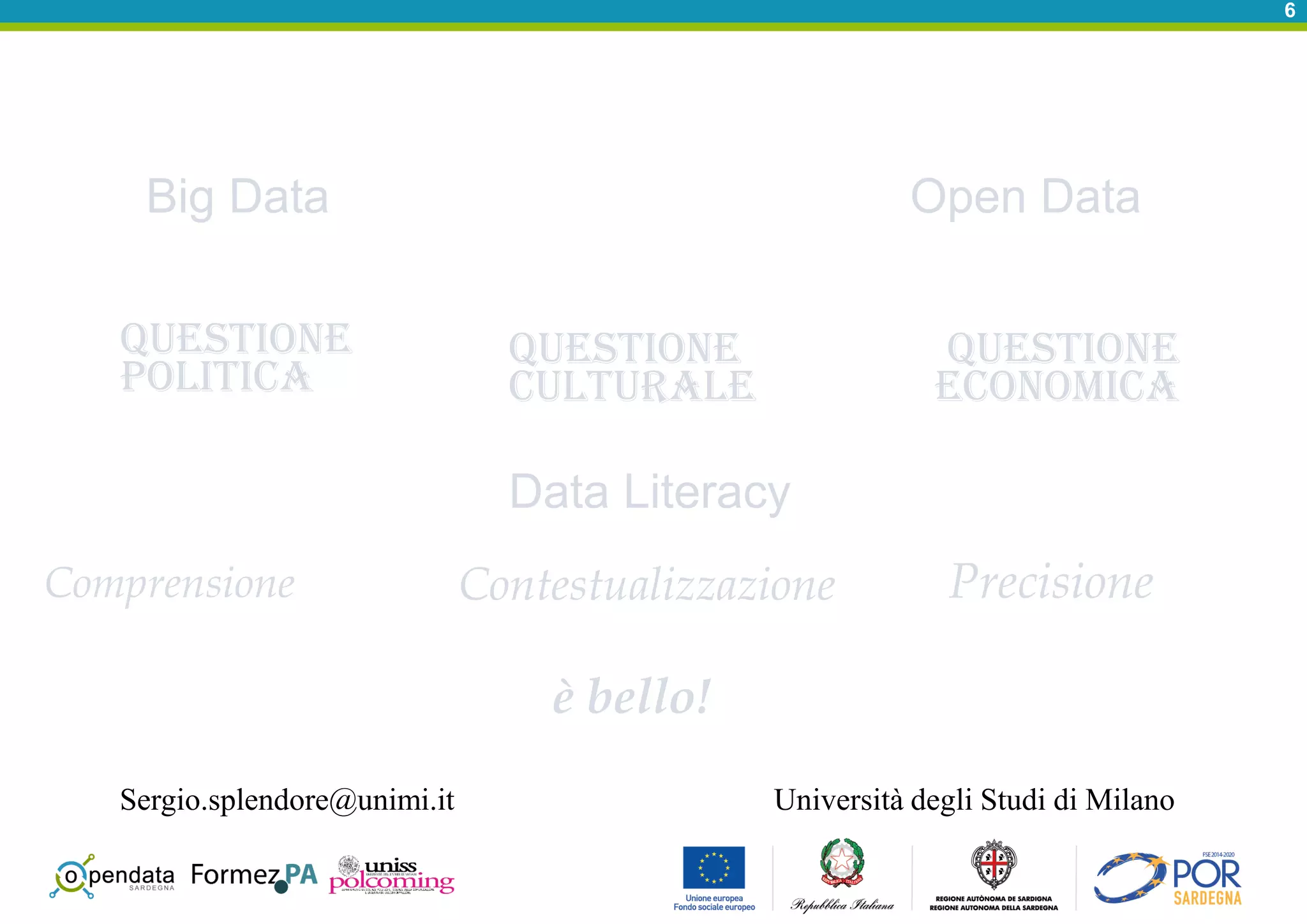 6
Big Data
Data Literacy
Questione
culturale
Open Data
Questione
politica
Questione
economica
Comprensione PrecisioneContestualizzazione
Università degli Studi di Milano
è bello!
Sergio.splendore@unimi.it
 