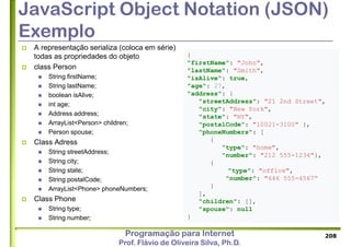 Programação para Internet
Prof. Flávio de Oliveira Silva, Ph.D.
JavaScript Object Notation (JSON)
Exemplo
 A representação serializa (coloca em série)
todas as propriedades do objeto
 class Person
 String firstName;
 String lastName;
 boolean isAlive;
 int age;
 Address address;
 ArrayList<Person> children;
 Person spouse;
 Class Adress
 String streetAddress;
 String city;
 String state;
 String postalCode;
 ArrayList<Phone> phoneNumbers;
 Class Phone
 String type;
 String number;
208
{
"firstName": "John",
"lastName": "Smith",
"isAlive": true,
"age": 27,
"address": {
"streetAddress": "21 2nd Street",
"city": "New York",
"state": "NY",
"postalCode": "10021-3100" },
"phoneNumbers": [
{
"type": "home",
"number": "212 555-1234"},
{
"type": "office",
"number": "646 555-4567“
}
],
"children": [],
"spouse": null
}
 
