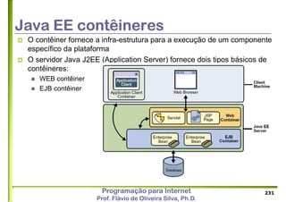 Programação para Internet
Prof. Flávio de Oliveira Silva, Ph.D.
Java EE contêineres
 O contêiner fornece a infra-estrutura para a execução de um componente
específico da plataforma
 O servidor Java J2EE (Application Server) fornece dois tipos básicos de
contêineres:
 WEB contêiner
 EJB contêiner
231
 