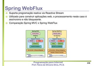 Programação para Internet
Prof. Flávio de Oliveira Silva, Ph.D.
Spring WebFlux
 Suporta programação reativa via Reactive Stream
 Utilizado para construir aplicações web, o processamento neste caso é
assíncrono e não bloqueante.
 Comparação Spring MVC x Spring WebFlux
238
 