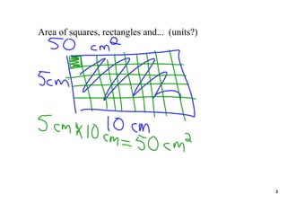 Area of squares, rectangles and...  (units?)




                                               3
 
