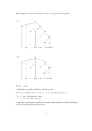 All languages have expressions which have more than one possible interpretation.
(18) S
NP V NP
Det N PP
P NP
Det N
I saw a man with a telescope
(19) S
NP V NP PP
Det N P NP
Det N
I saw a man with a telescope
Another example:
(20) Old men and women are exempt from the new tax.
Sometimes, world knowledge can help you to select the right interpretation:
(21) a. I saw a policeman with a gun.
b. I saw a dog with a telescope.
Syntactically, these examples are ambiguous, however your knowledge of the world helps you
to choose the most probable interpretation.
9
 