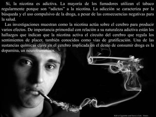 Sí, la nicotina es adictiva. La mayoría de los fumadores utilizan el tabaco
regularmente porque son “adictos” a la nicotina. La adicción se caracteriza por la
búsqueda y el uso compulsivo de la droga, a pesar de las consecuencias negativas para
la salud.
  Las investigaciones muestran como la nicotina actúa sobre el cerebro para producir
varios efectos. De importancia primordial con relación a su naturaleza adictiva están los
hallazgos que indican que la nicotina activa el circuito del cerebro que regula los
sentimientos de placer, también conocidos como vías de gratificación. Una de las
sustancias químicas clave en el cerebro implicada en el deseo de consumir droga es la
dopamina, un neurotransmisor.
 