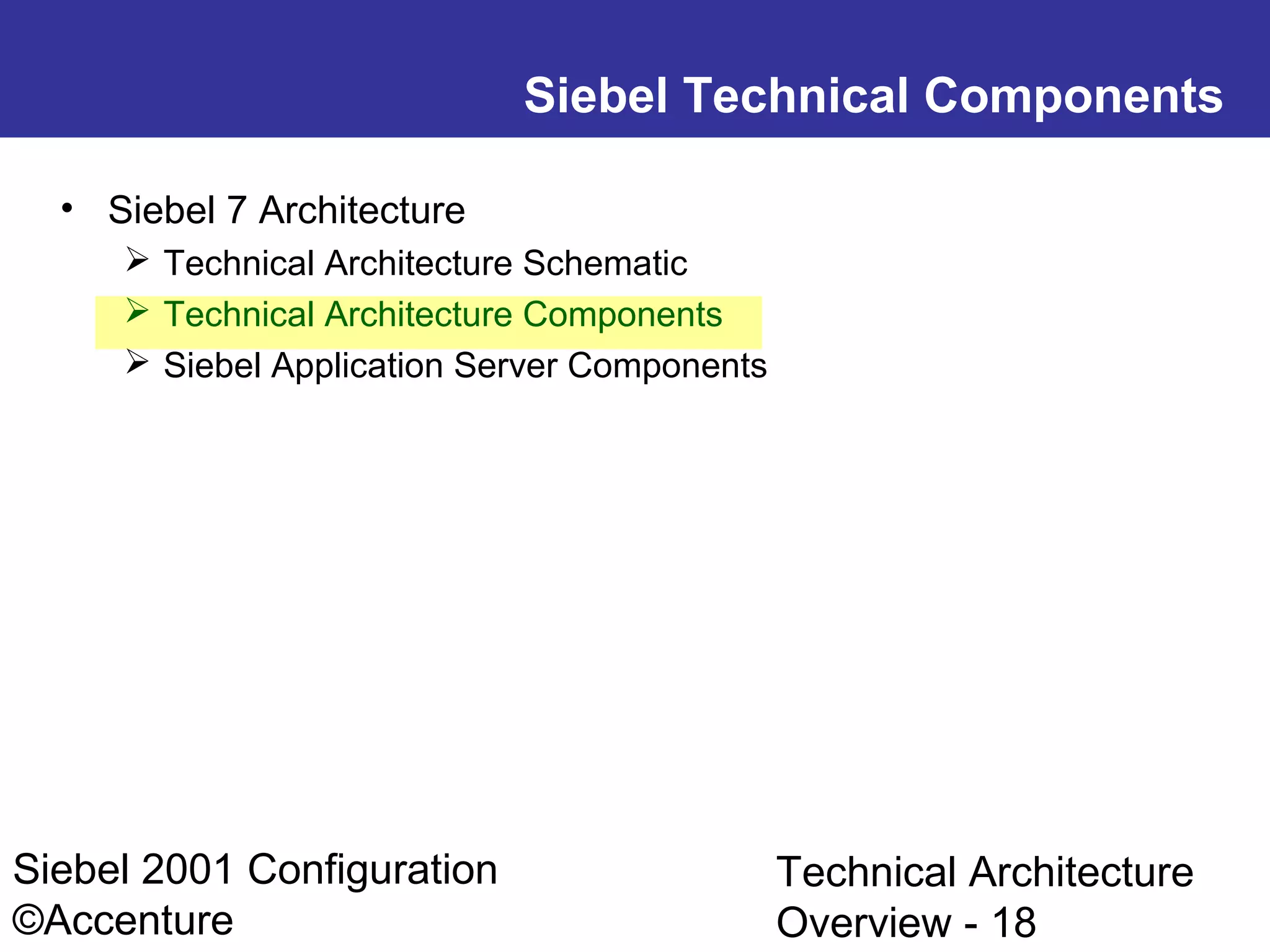 Siebel Technical Components
• Siebel 7 Architecture
 Technical Architecture Schematic
 Technical Architecture Components
 Siebel Application Server Components

Siebel 2001 Configuration
©Accenture

Technical Architecture
Overview - 18

 