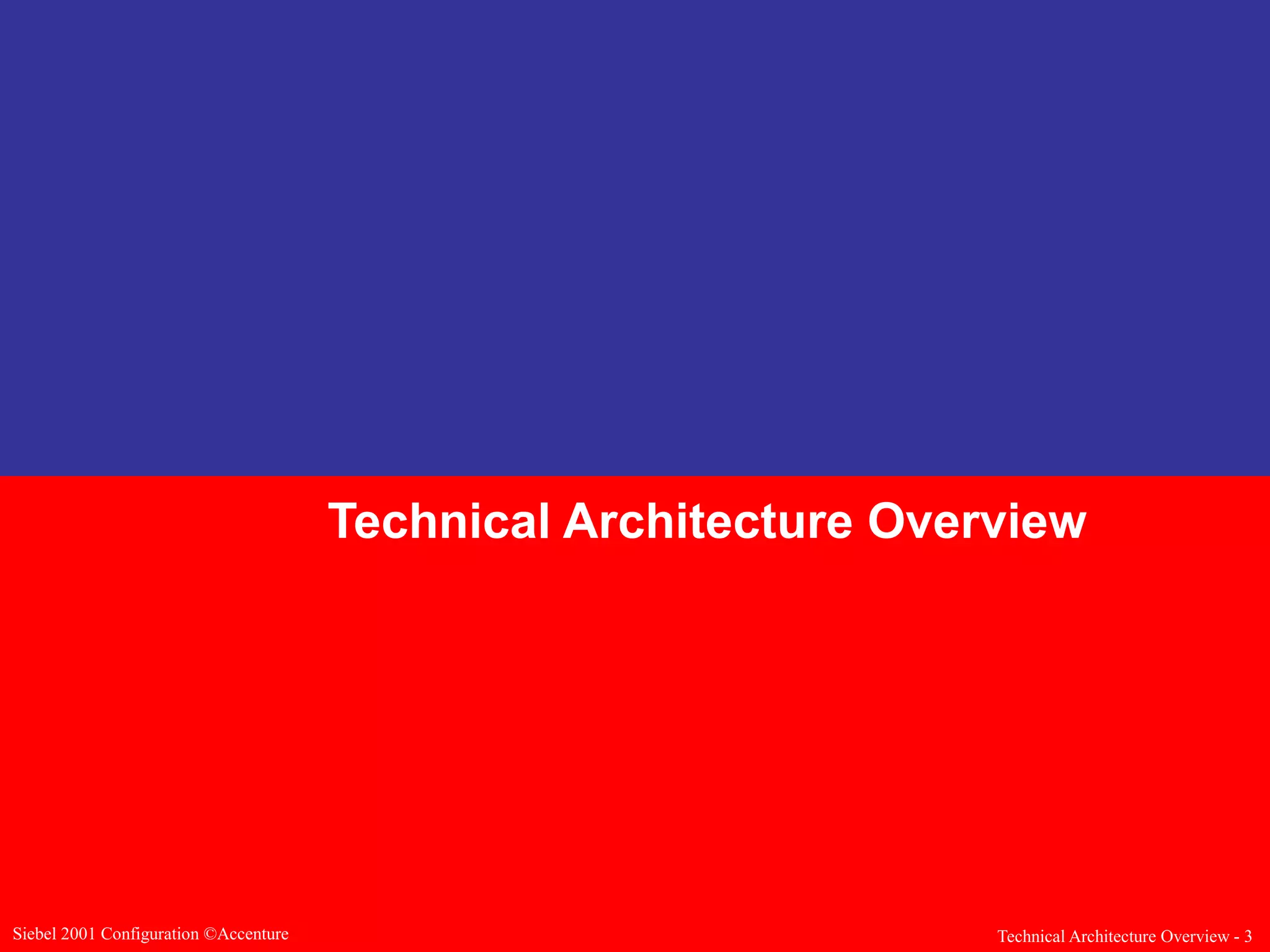 Technical Architecture Overview

Siebel 2001 Configuration ©Accenture

Technical Architecture Overview - 3

 