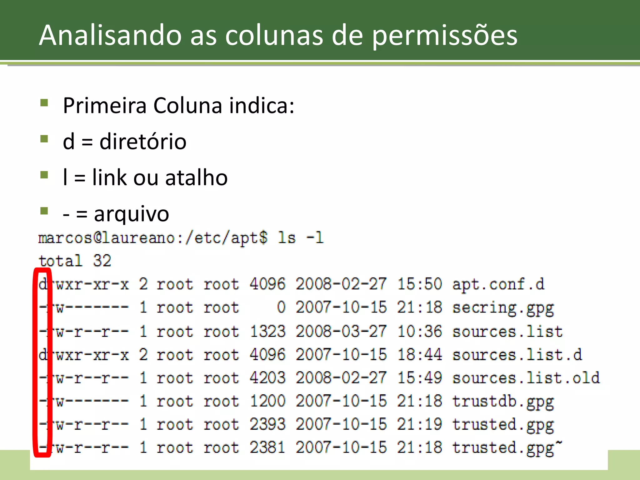 Primeira Coluna indica: d = diretório l = link ou atalho - = arquivo Analisando as colunas de permissões 