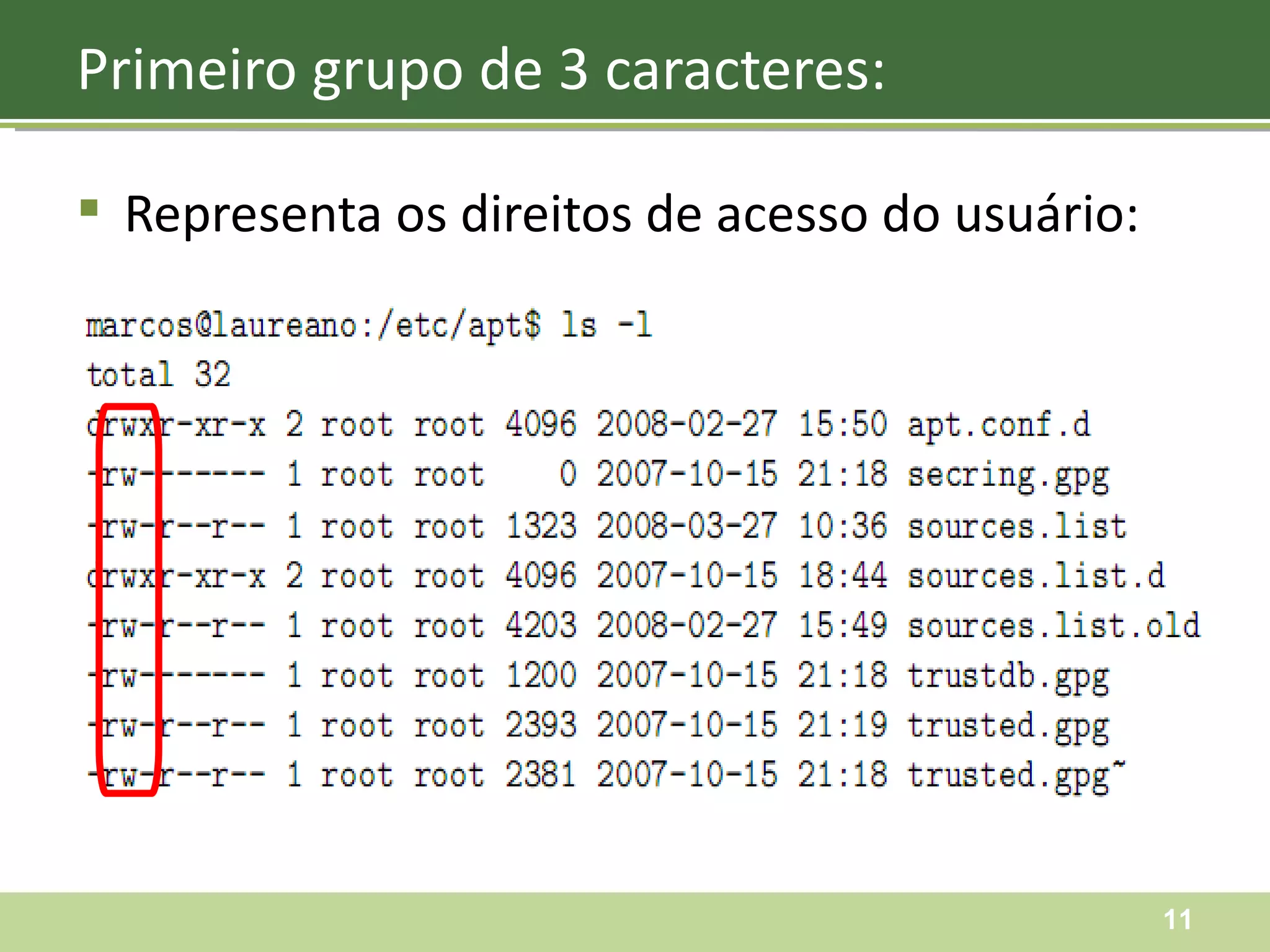 Representa os direitos de acesso do usuário: Primeiro grupo de 3 caracteres: 