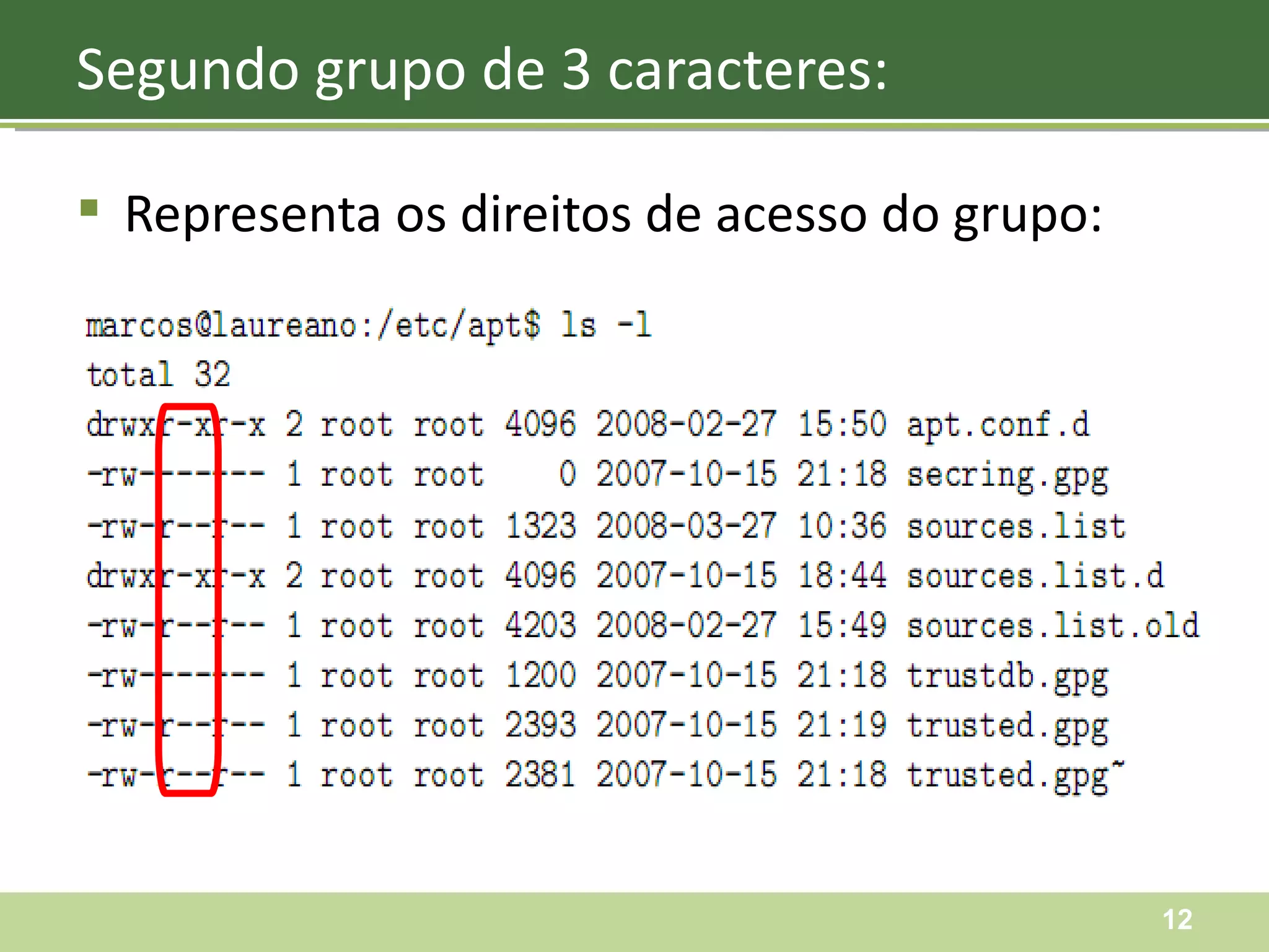 Representa os direitos de acesso do grupo: Segundo grupo de 3 caracteres: 