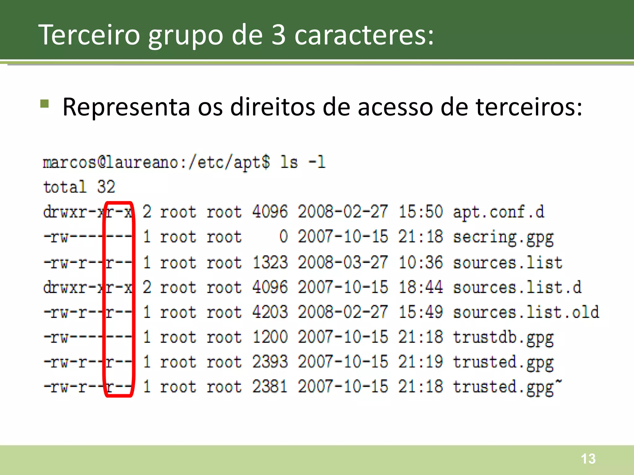 Representa os direitos de acesso de terceiros: Terceiro grupo de 3 caracteres: 