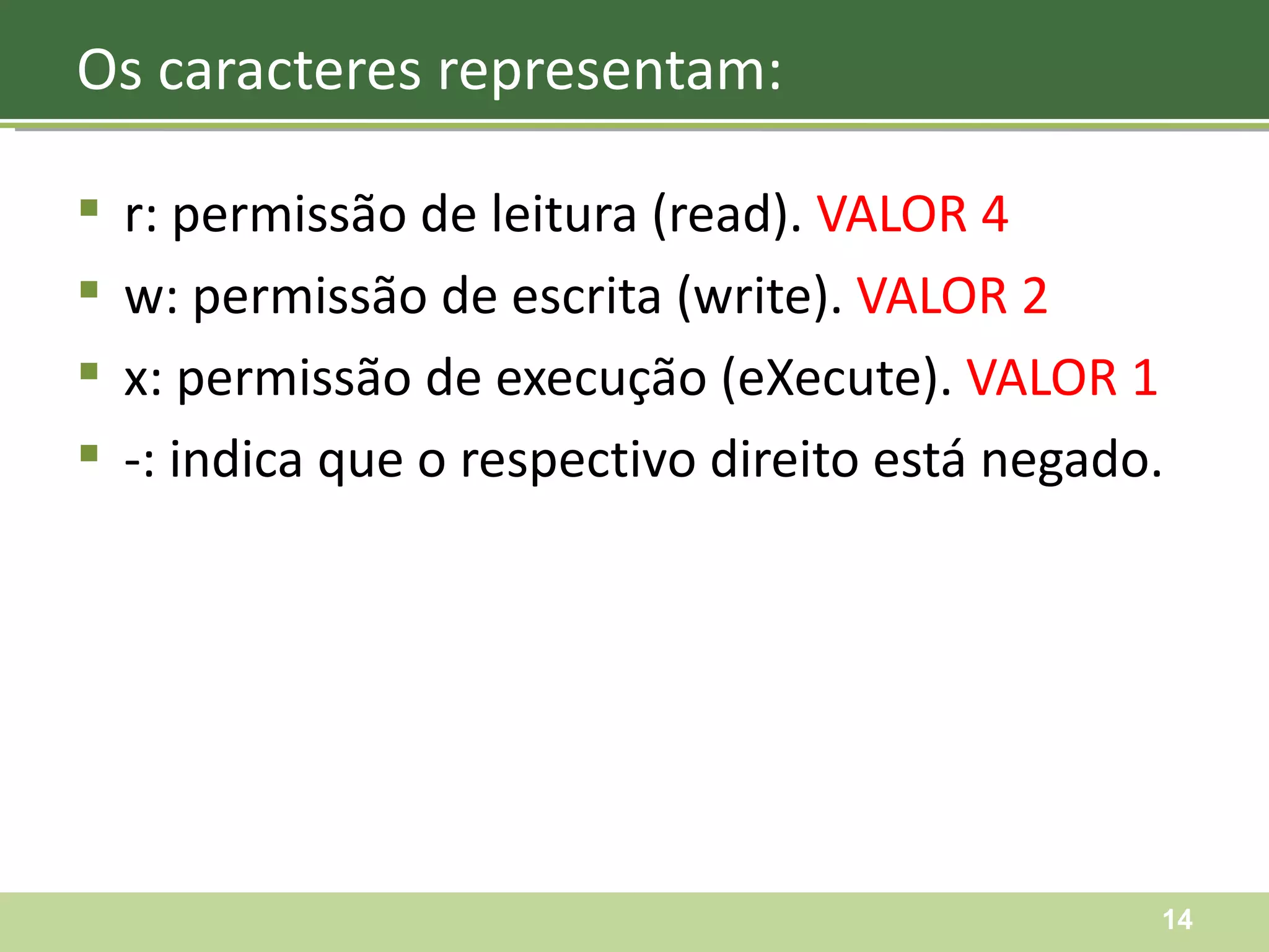 r: permissão de leitura (read).  VALOR 4 w: permissão de escrita (write).  VALOR 2 x: permissão de execução (eXecute).  VALOR 1 -: indica que o respectivo direito está negado. Os caracteres representam: 