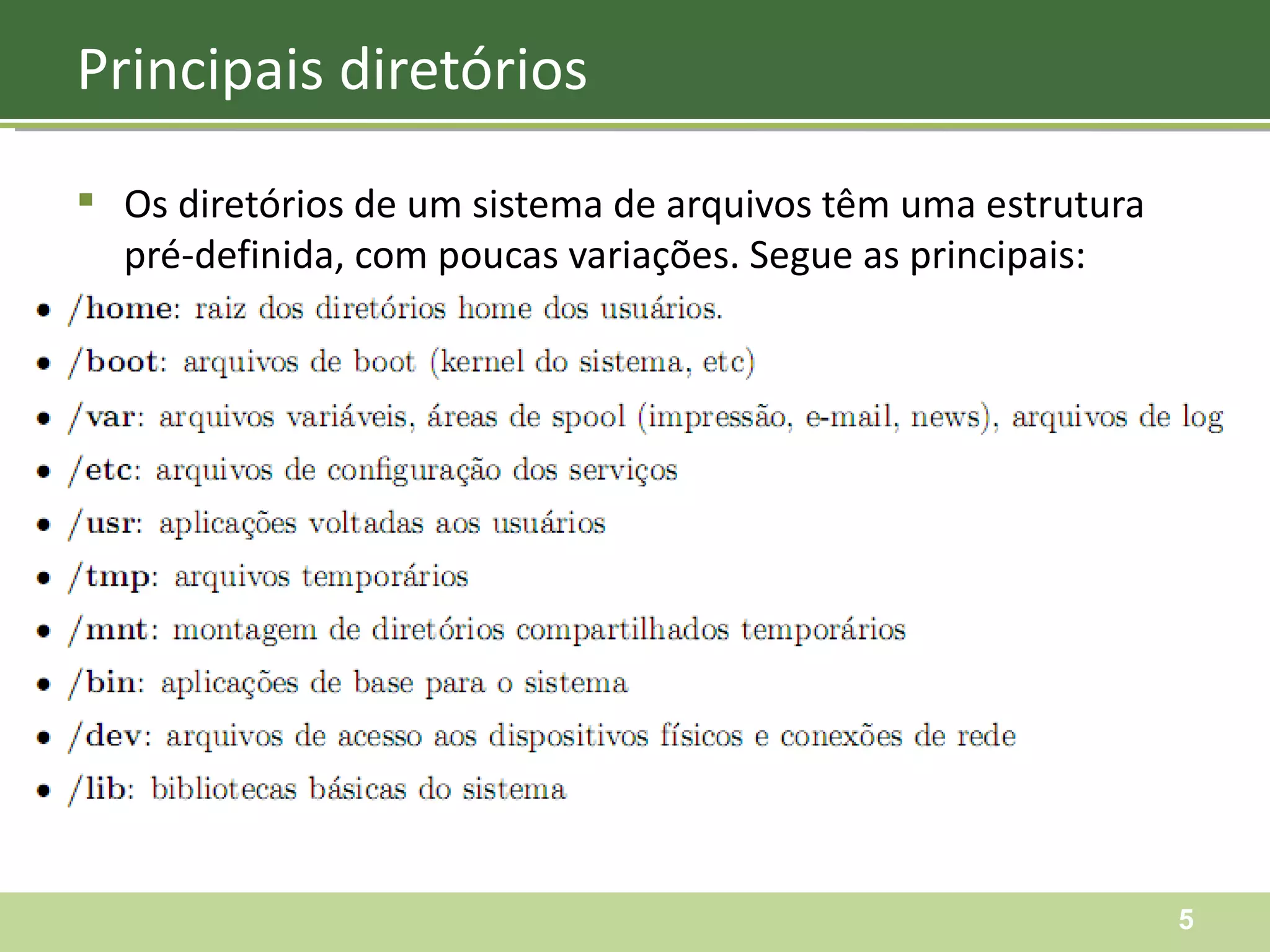 Os diretórios de um sistema de arquivos têm uma estrutura pré-definida, com poucas variações. Segue as principais: Principais diretórios 
