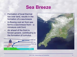ENVI 1400 : Meteorology and Forecasting 14
Sea Breeze
• Formation of local thermal
low over land, results in the
formation of a sea-breeze
• In-flowing cool air from sea
forms a sea-breeze front – a
miniature cold front
• Air ahead of the front is
forced upward, contributing to
the formation of cumulus.
1000 mb
975 mb
950 mb
25C 15C
 