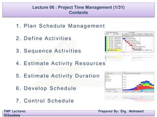 Lecture 06 : Project Time Management (1/31)
Contents
PMP Lectures Prepared By: Eng. Mohamed
ElSaadany
1. Plan Schedule Management
2. Define Activities
3. Sequence Activities
4. Estimate Activity Resources
5. Estimate Activity Duration
6. Develop Schedule
7. Control Schedule
 