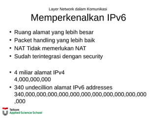 Layer Network dalam Komunikasi
Memperkenalkan IPv6
• Ruang alamat yang lebih besar
• Packet handling yang lebih baik
• NAT Tidak memerlukan NAT
• Sudah terintegrasi dengan security
• 4 miliar alamat IPv4
4,000,000,000
• 340 undecillion alamat IPv6 addresses
340,000,000,000,000,000,000,000,000,000,000,000
,000
 