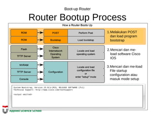 Boot-up Router
Router Bootup Process
System Bootstrap, Version 15.0(1r)M15, RELEASE SOFTWARE (fc1)
Technical Support: http://www.cisco.com/techsupport
<output omitted>
1.Melakukan POST
dan load program
bootstrap
2.Mencari dan me-
load software Cisco
IOS
3.Mencari dan me-load
File startup
configuration atau
masuk mode setup
 
