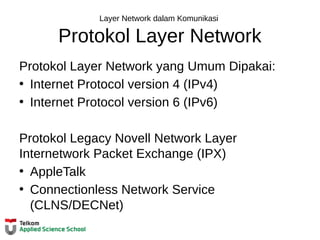Layer Network dalam Komunikasi
Protokol Layer Network
Protokol Layer Network yang Umum Dipakai:
• Internet Protocol version 4 (IPv4)
• Internet Protocol version 6 (IPv6)
Protokol Legacy Novell Network Layer
Internetwork Packet Exchange (IPX)
• AppleTalk
• Connectionless Network Service
(CLNS/DECNet)
 