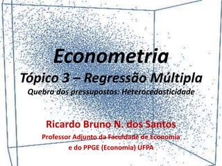Econometria
Tópico 4 – Regressão Múltipla
Quebra dos pressupostos: Heterocedasticidade
Ricardo Bruno N. dos Santos
Professor Adjunto da Faculdade de Economia
e do PPGE (Economia) UFPA
 