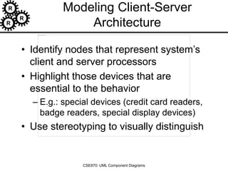 R
R
R
CSE870: UML Component Diagrams
Modeling Client-Server
Architecture
• Identify nodes that represent system’s
client and server processors
• Highlight those devices that are
essential to the behavior
– E.g.: special devices (credit card readers,
badge readers, special display devices)
• Use stereotyping to visually distinguish
 