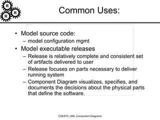 R
R
R
CSE870: UML Component Diagrams
Common Uses:
• Model source code:
– model configuration mgmt
• Model executable releases
– Release is relatively complete and consistent set
of artifacts delivered to user
– Release focuses on parts necessary to deliver
running system
– Component Diagram visualizes, specifies, and
documents the decisions about the physical parts
that define the software.
 