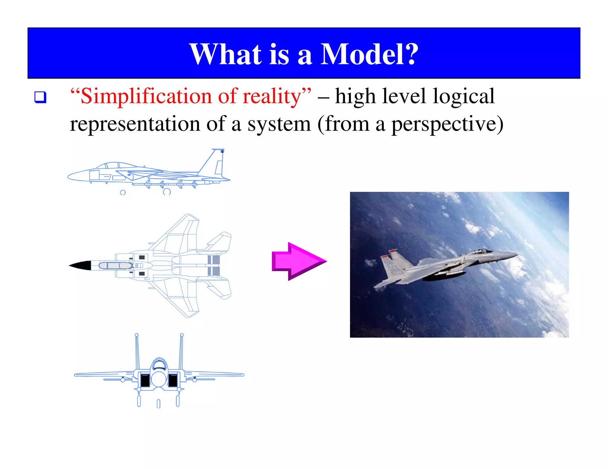 What is a Model?
“Simplification of reality” – high level logical
representation of a system (from a perspective)
 