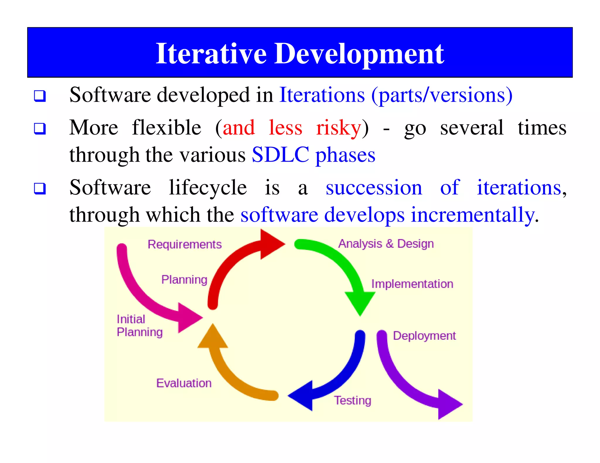 Iterative Development
Software developed in Iterations (parts/versions)
More flexible (and less risky) - go several times
through the various SDLC phases
Software lifecycle is a succession of iterations,
through which the software develops incrementally.
 