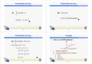 Modelagem Analítica 
Propriedades da f.d.p. 
( ) 1 
( ) 1 0 1 
22 
x 
−¥ 
x 
f Y dY 
¥ 
F Y 
¥ 
−¥ 
= 
= − = 
ii)  
Modelagem Analítica 
Propriedades da f.d.p. 
23 
iii) ³ 
( ) 0 
f X 
( ) é não decrescente 
x 
F X 
x 
Modelagem Analítica 
Propriedades da f.d.p. 
iv)  f X dX = P xÎI 
( ) ( ) x 
Por exemplo, para I = (a,b] 
Î = − 
P x a b F b F a 
−¥ −¥ 
−¥ 
24 
I 
( ( , ]) ( ) ( ) 
( ) ( ) 
( ) ( ) 
( ) 
x x 
b a 
b 
a 
b 
a 
f X dX f X dX 
f X dX f X dX 
f X dX 
−¥ 
= − 
= + 
= 
  
  
 
Modelagem Analítica 
Exemplo 
 Uma v.a. tem FDC dada por 
Fy(Y) 
1 
i. Esboçar a fdp fy(Y) 
ii. A partir do gráfico de (i), calcular 
25 
a. Fy(0) 
b. P(y0) 
c. P(5y10) 
- 5 5 10 15 20 
Y 
 