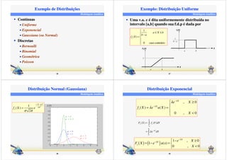 Modelagem Analítica 
Exemplo de Distribuições 
26 
 Contínuas 
• Uniforme 
• Exponencial 
• Gaussiana (ou Normal) 
 Discretas 
• Bernoulli 
• Binomial 
• Geométrica 
• Poisson 
Exemplo: Distribuição Uniforme 
Modelagem Analítica 
 Uma v.a. x é dita uniformemente distribuída no 
intervalo [a,b] quando sua f.d.p é dada por 
27 
1 
( ) 
0 caso contrário 
x 
a X b 
b a 
f X 

 
 £ £ 
 − 
= 