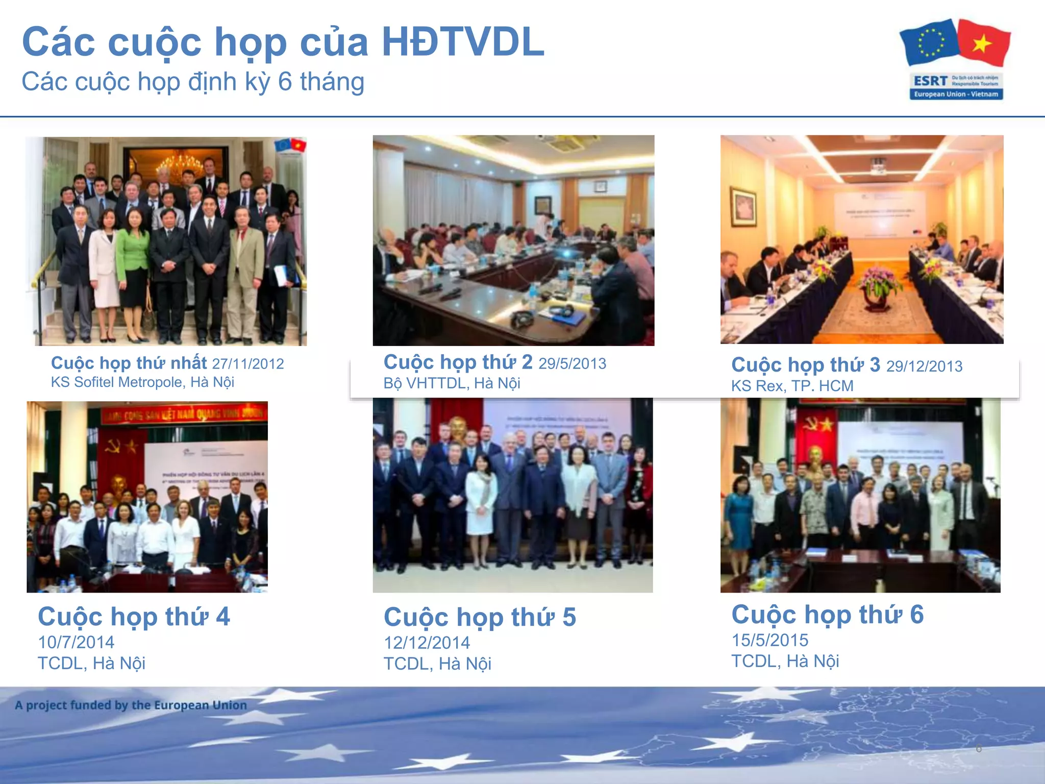 6
Các cuộc họp của HĐTVDL
Các cuộc họp định kỳ 6 tháng
Cuộc họp thứ nhất 27/11/2012
KS Sofitel Metropole, Hà Nội
Cuộc họp thứ 4
10/7/2014
TCDL, Hà Nội
Cuộc họp thứ 5
12/12/2014
TCDL, Hà Nội
Cuộc họp thứ 6
15/5/2015
TCDL, Hà Nội
Cuộc họp thứ 3 29/12/2013
KS Rex, TP. HCM
Cuộc họp thứ 2 29/5/2013
Bộ VHTTDL, Hà Nội
 