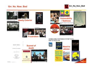 Grr. No. Now. Bod




                                             Vulnerability
                     Steely Exterior          / Sadness




                               Frustration



                              Scared of        Need to
                                death          please




                                                             26

October 10Month Yr
 