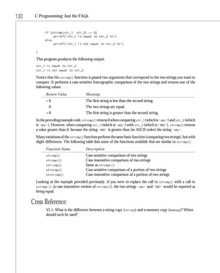 130    C Programming: Just the FAQs


             if (strcmp(str_1, str_3) == 0)
                  printf(“str_1 is equal to str_3.n”);
             else
                  printf(“str_1 is not equal to str_3.n”);

        }

        This program produces the following output:
        str_1 is equal to str_2.
        str_1 is not equal to str_3.

        Notice that the strcmp() function is passed two arguments that correspond to the two strings you want to
        compare. It performs a case-sensitive lexicographic comparison of the two strings and returns one of the
        following values:
              Return Value               Meaning
              <0                         The first string is less than the second string.
                0                        The two strings are equal.
              >0                         The first string is greater than the second string.
        In the preceding example code, strcmp() returns 0 when comparing str_1 (which is “abc”) and str_2 (which
        is “abc”). However, when comparing str_1 (which is “abc”) with str_3 (which is “ABC”), strcmp() returns
        a value greater than 0, because the string “ABC” is greater than (in ASCII order) the string “abc”.
        Many variations of the strcmp() function perform the same basic function (comparing two strings), but with
        slight differences. The following table lists some of the functions available that are similar to strcmp():
              Function Name              Description
              strcmp()                   Case-sensitive comparison of two strings
              strcmpi()                  Case-insensitive comparison of two strings
              stricmp()                  Same as strcmpi()
              strncmp()                  Case-sensitive comparison of a portion of two strings
              strnicmp()                 Case-insensitive comparison of a portion of two strings
        Looking at the example provided previously, if you were to replace the call to strcmp() with a call to
        strcmpi() (a case-insensitive version of strcmp()), the two strings “abc” and “ABC” would be reported as
        being equal.

      Cross Reference:
              VI.1: What is the difference between a string copy (strcpy) and a memory copy (memcpy)? When
              should each be used?
 