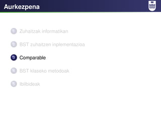 Aurkezpena


  1   Zuhaitzak informatikan

  2   BST zuhaitzen inplementazioa

  3   Comparable

  4   BST klaseko metodoa...