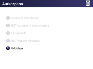 Aurkezpena


  1   Zuhaitzak informatikan

  2   BST zuhaitzen inplementazioa

  3   Comparable

  4   BST klaseko metodoa...