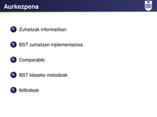 Aurkezpena


  1   Zuhaitzak informatikan


  2   BST zuhaitzen inplementazioa


  3   Comparable


  4   BST klaseko meto...