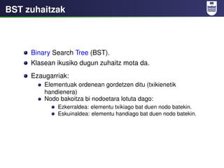 BST zuhaitzak



     Binary Search Tree (BST).
     Klasean ikusiko dugun zuhaitz mota da.
     Ezaugarriak:
         Ele...