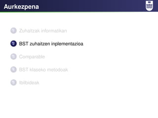 Aurkezpena


  1   Zuhaitzak informatikan

  2   BST zuhaitzen inplementazioa

  3   Comparable

  4   BST klaseko metodoa...