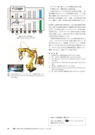 64 KOBE STEEL ENGINEERING REPORTS/Vol. 69 No. 1（Jul. 2019）
　③アルミ／鋼／鋼といった 3 層構造も接合可能。
　④簡便なため，補修用途にも適用可能。
　自動車生産ラインでのEASWの実用化を目指し，必
要な機構であるエレメントの位置検出と挿入，アーク溶
接を自動的に行うためのロボットシステムをファナック
株式会社と共同開発しており，最近，その試作品を公開
した（図 7 ）
。現在，実用化に向けた開発を進めている。
むすび＝自動車車体の軽量化は，CO2の排出規制や衝突
安全に関する法規制の観点から継続的な取り組みが必要
であり，その対応手段としてマルチマテリアル化の流れ
は必然である。マルチマテリアル車体の実用化では欧米
が先に進展しており，国内では今まさに実現に向けた取
り組みが各社で活発化している。
　自動車産業は国力を表すともいえる基幹産業であるこ
とから，マルチマテリアル化への取り組みに対して，産
官学をはじめとして，異業種，サプライチェーン間の連
携といった今まで以上の大きな取り組みが期待されてい
る。そのような中で当社も自動車軽量化に貢献するべく
研鑽（けんさん）を積んでいく所存である。
　
参　考　文　献
1 ）
	 前田誠人ほか. 知的資産創造. 2017年 4 月号, p.46-63.
2 ）
	 坂上　弘ほか. 自動車技術. 2016, Vol.70, No.8, p.42-44.
3 ）
	 Jens Meschke. ALIVE Final publishable summary report
Nov. 2016.
4 ）
	 Tim Skszek et al. Multi-Material Lightweight Vehicles. June
2015.
5 ）
	 鈴木励一. 溶接技術. 2017年 1 月号. p.64-72.
6 ）
	 Reiichi Suzuki et al. International Institute of Welding. July
2018, Doc.XII-2390-18.
7 ）
	 陳　亮ほか, R&D神戸製鋼技報. 2018, Vol.67, No.1, p.104-110.
図 6 EASWの接合強度
Fig. 6 Joining strength of EASW
図 7 EASW用試作ロボットシステム（右）と溶接時の様子（左）
Fig. 7 	Prototype robot system for EASW (right) and appearance of
joining (left)
PDFにて本記事をご覧の方へ
図 2 にある動画マーク をクリックいただくと
動画が再生されます。
 